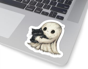 Cute Ghost Holding Black Cat Sticker | Kiss-Cut Sticker