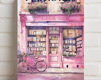 Parisian Bookshop Illustration Rolled Poster | Pink Cafe Bicycle Wall Art
