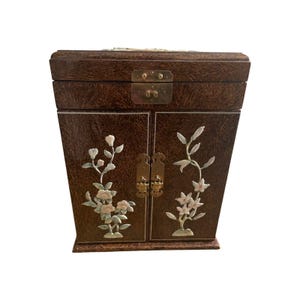 Vintage Midcentury Chinoiserie Brown Lacquer Shell Inlay Jewelry Box Cabinet