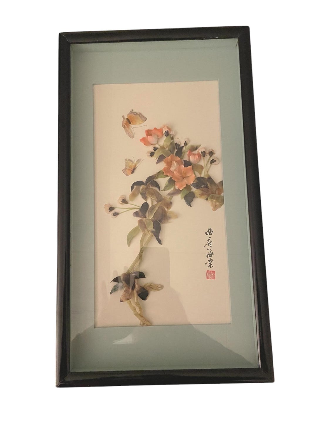 Vintage Chinese Painted Shell Wall Art Floral Butterflies Greenery ...