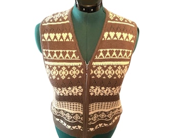 Vintage 90s Y2K Marsh Landing gray/ivory Fair Isle zip up sweater vest grannycore L