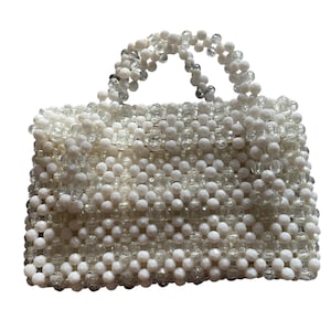 Vintage 1950s 60s white/clear handmade beaded woven satchel handbag boho mod Made in Hong Kong