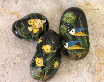 Three Different Yellow Tropical fish on Hand Painted Rocks