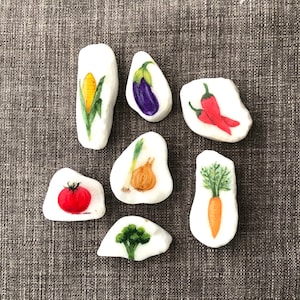 Three Hand Painted Vegetables Veggies on Santorini Stone Rock Refrigerator Magnets