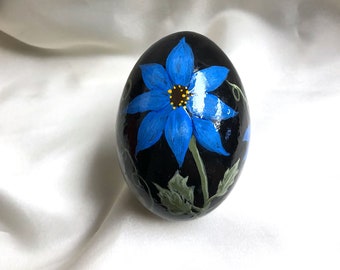 Hand Painted Duck Egg of Blue Daisy Flowers on Black Background