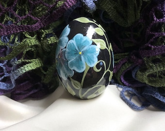 Hand Painted Duck Egg of Teal Blue Flowers on Black Background
