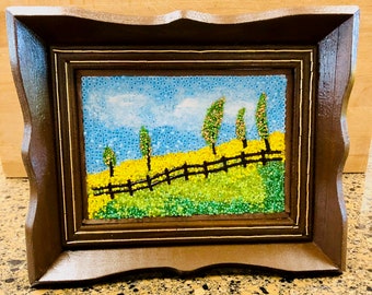 Western Prairie Pasture Bead Art In a Rustic Brown Frame