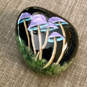Blue and Purple Long Stem Mushrooms on a hand painted  palm sized rock
