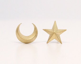 Gold Moon & Star Stud Earrings - 9ct, 18ct Gold - Celestial Jewellery - Recycled Gold - Made in the UK