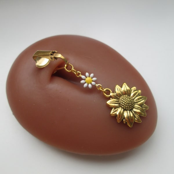Gold Sunflower and Daisy Clip On Dangle Belly Ring Fake Navel Piercing