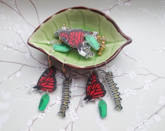 Monarch Caterpillar and Butterfly Earrings