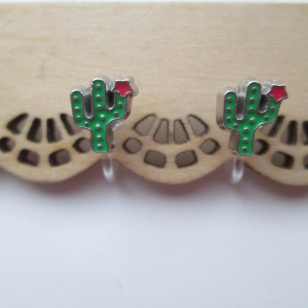 Enameled Cactus Invisible Clip On Earrings