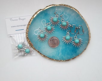 Turquoise Sunburst Clip On Earrings: Metal Free, Sensitive Ears