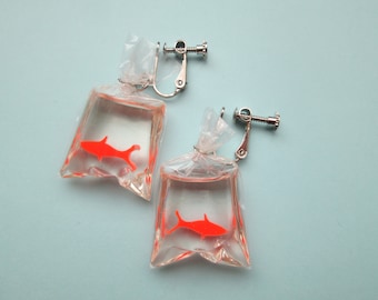Goldfish in a Bag Clip On Earrings: Carnival Pet Jewelry