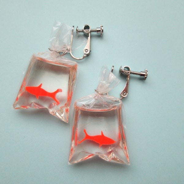 Goldfish in a Bag Clip On Earrings No Pierce Dangle Earring Clear Water Carnival Pet Shop Jewelry