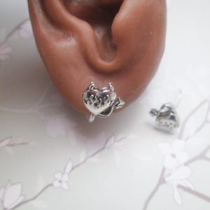 Silver Devil Heart Invisible Clip On Stud Style Earrings