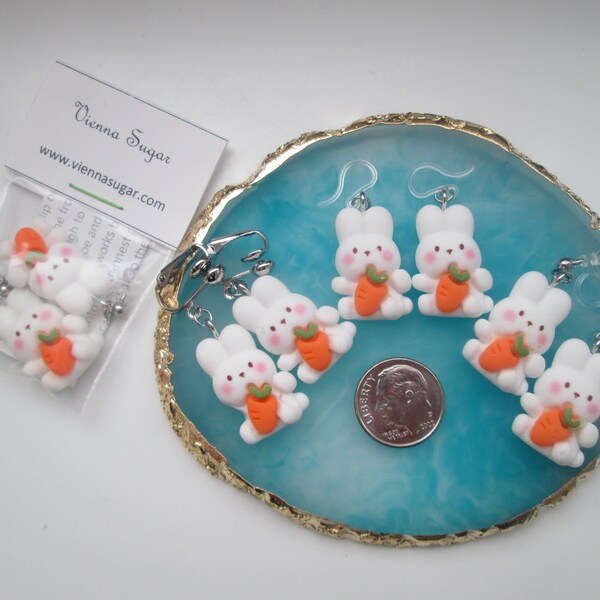 Cute Bunny and Carrot Invisible Clip On Earrings Hinge Back or Metal Free Ear Wire for Sensitive Ears