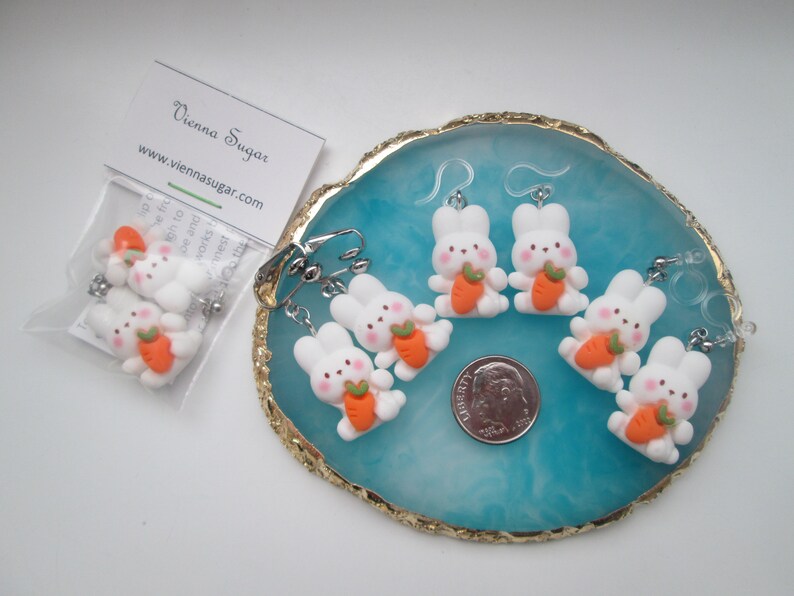 Cute Bunny and Carrot Invisible Clip On Earrings Hinge Back or Metal Free Ear Wire for Sensitive Ears image 1