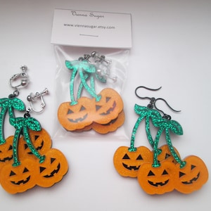 Spooky Season Pumpkin Cherry Clip On Earrings No Pierce Dangle Earring