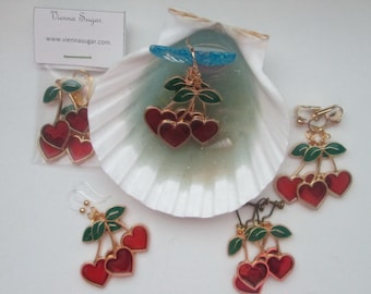 Enameled Cherry Heart Earrings: Clip On or Metal-Free Ear Wires