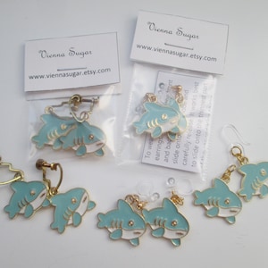 Enameled Cartoon Shark Invisible Clip On Screw Back Metal Free Ear Wire Earrings