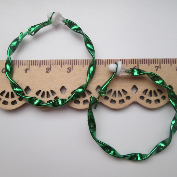 4 cm Metallic Green Twisted Hoop Shaped Clip On Earrings with Silicone Pads for Comfort