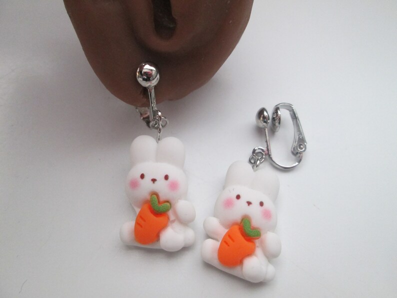 Cute Bunny and Carrot Invisible Clip On Earrings Hinge Back or Metal Free Ear Wire for Sensitive Ears image 6