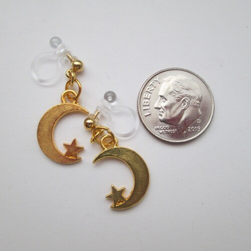 Silver Crescent Moon and Star Invisible Clip on Earrings or Etsy
