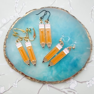Enameled Pencil Invisible Clip On Earrings