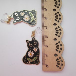 Black Cat with Flowers Invisible Clip On Earrings or Hypoallergenic Metal Free Ear Wires for Sensitive Ears