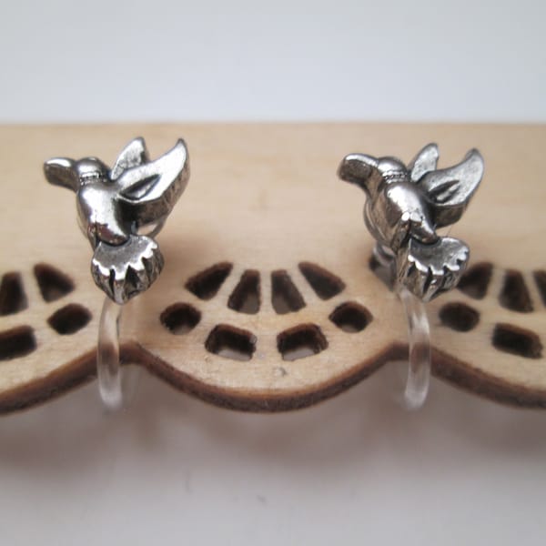 Silver Hummingbird Invisible Clip On Earrings