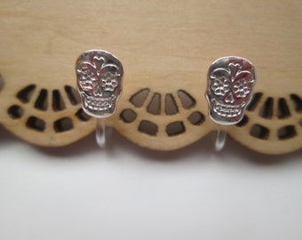 Silver Sugar Skull Invisible Clip On Earrings