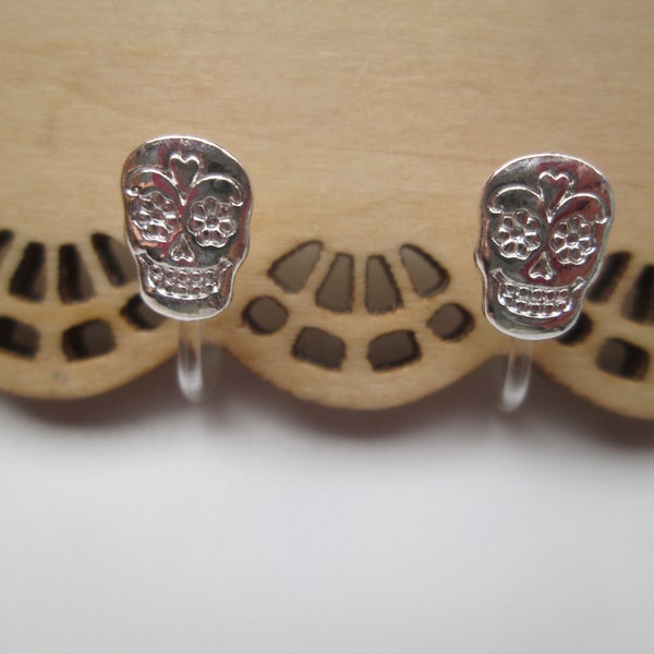 Silver Sugar Skull Invisible Clip On Earrings