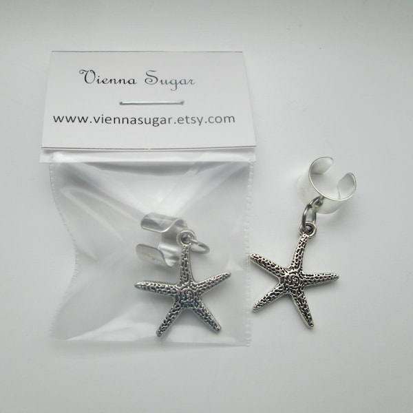 Silver Tone Star Fish Dangle Earcuff Clip On Earring Ear Cuff