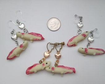 Glow in the Dark Axolotl Salamander Invisible Clip On Earrings or Metal Free Ear Wires for Sensitive Ears