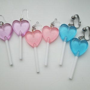 Candy Color Heart Lollipop Clip On Earrings or Hypoallergenic Metal Free Ear Wire for Sensitive Ears