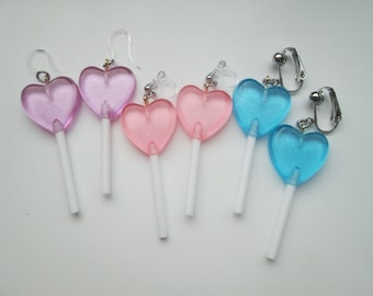 Heart Lollipop Clip On Earrings: Glitter Resin, Metal Free Option