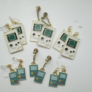 White or Teal Hand Held Video Game Invisible Clip On Earrings or Hypoallergenic Metal Free Ear Wires for Sensitive Ears