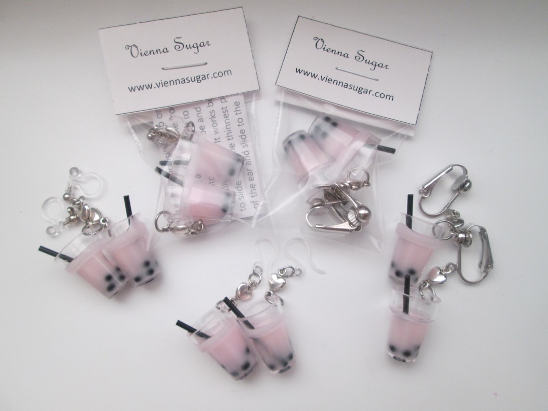Boba Milk Tea Earrings: Silver Heart Clip On or Hypoallergenic Ear Wire