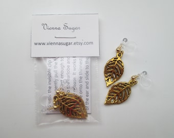 Gold Leaf Invisible Clip On Earrings or Hypoallergenic Metal Free Ear Wire for Sensitive Ears