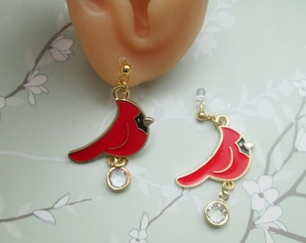 Red Cardinal Winter Bird Earrings: Metal Free Clip On or Pierced Options