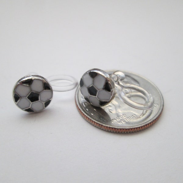 Enameled Soccer Ball Invisible Clip On Earrings