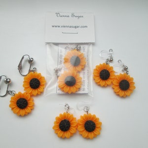 Resin Sunflower Invisible Clip On Earrings or Hypoallergenic Metal Free Ear Wire for Sensitive Ears