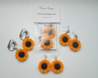 Resin Sunflower Invisible Clip On Earrings or Hypoallergenic Metal Free Ear Wire for Sensitive Ears