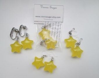 Puffy Yellow Star Invisible Clip On Earrings Hinge Back or Metal Free Ear Wire