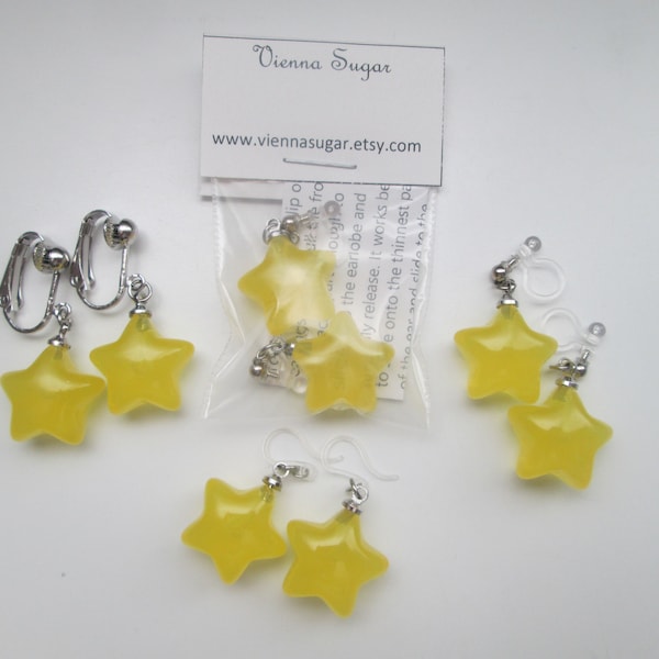 Puffy Yellow Star Invisible Clip On Earrings Hinge Back or Metal Free Ear Wire