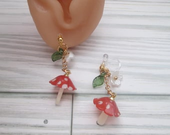 Mushroom and Flower Dangle Earrings Clip on or Pierced