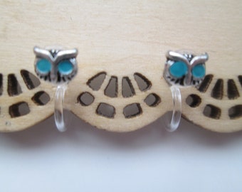 Tiny Silver Owl with Turquoise Eyes Invisible Clip On Earrings