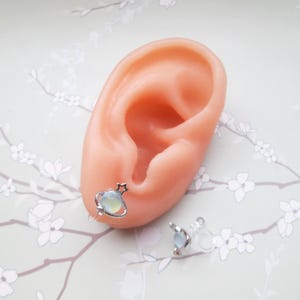 Peut inclure: Une paire de boucles d'oreilles à clous argentées, une sur un modèle d'oreille et l'autre en vrac. Les boucles d'oreilles présentent un design de planète avec une étoile et une pierre bleu clair irisée. Le fond est vert clair avec un motif floral.