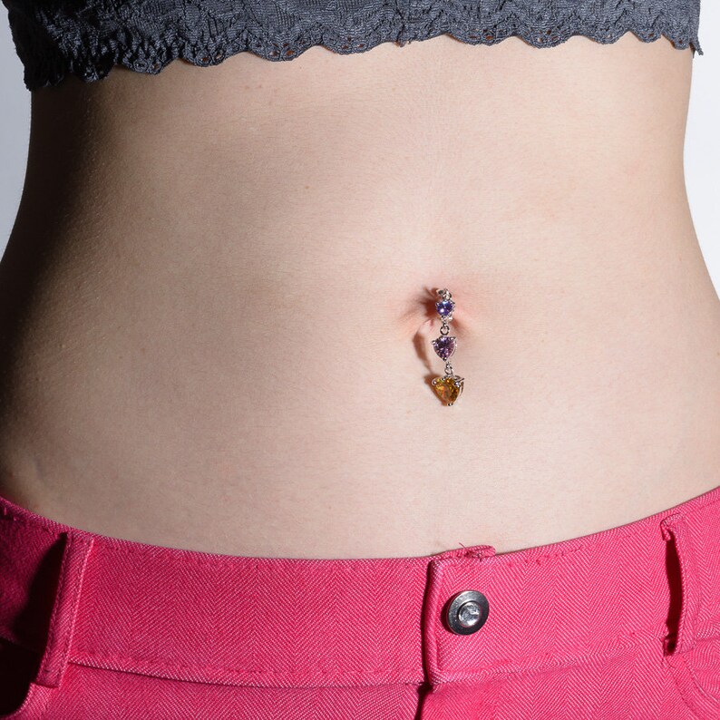 color Stacked Crystals Heart Dangle Clip on Belly Button Ring Fake Navel Piercing Tri